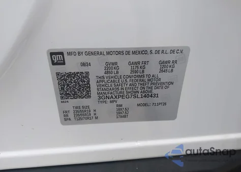 2025 Chevrolet Equinox Awd Lt z USA, uszkodzony, nr VIN 3GNAXPEG7SL140431